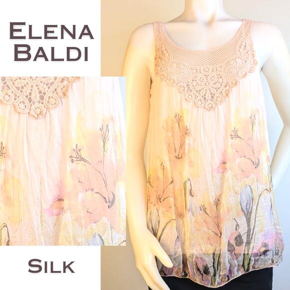 Elena Baldi Silk Sheer Sleeveless Blouse Blush Pink Floral Crochet Accent Small - Picture 1 of 11